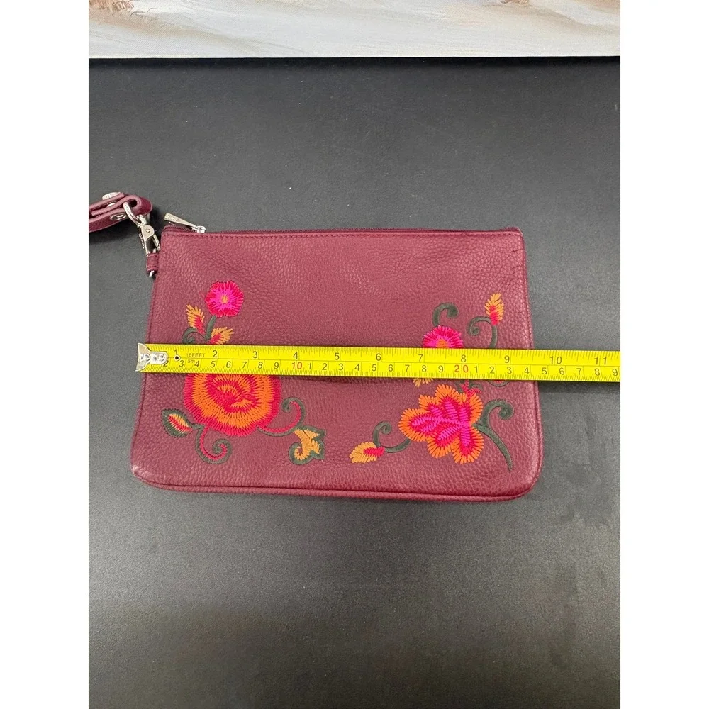 Jewell by Thirty-One Burgundy Faux Leather Floral Embroidered Wristlet Clutch